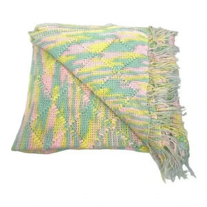 Crochet Knit Baby Crib Afghan Blanket Handmade Nursery Pastel Fringe Vintage